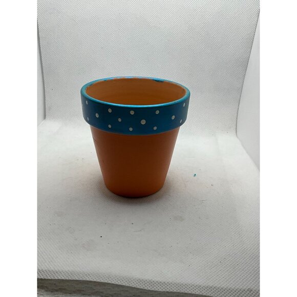 Hand-Painted Clay Flower Pot With Blue Polka Dot Rim & Floral Design - Picture 5 of 6